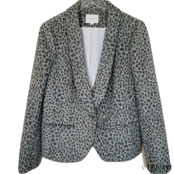 Ann Taylor Loft Gray Leopard Print Wool Blend Lined Fitted Button Blazer Jacket - Picture 10 of 10